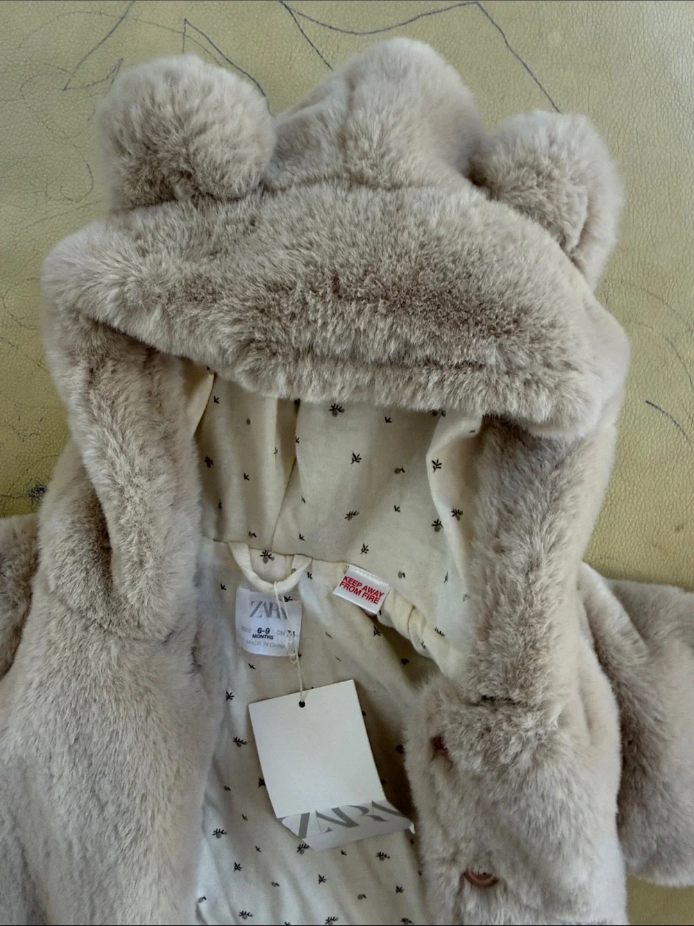 Zara Beige Plush Baby Footie with Bear-Ear Hood